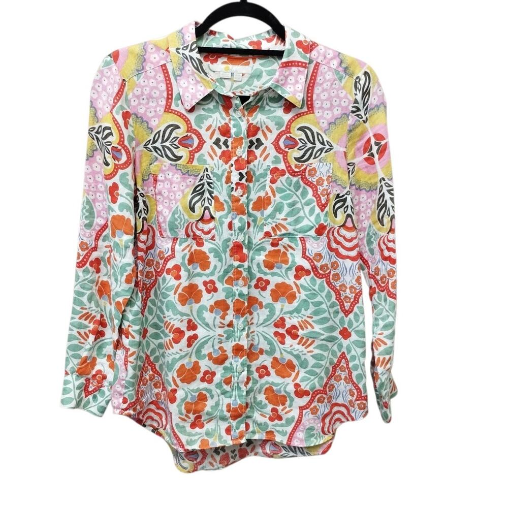 Boden Womens Artsy Floral Linen Button Up Top 2 Petite Vacation Travel Resort